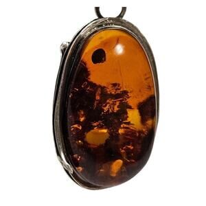 Honey Amber .925 Silver Large Wrapped Pendant Black Ribbon Necklace